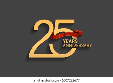 25 years anniversary logotype with red ribbon and golden color for celebration event