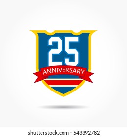 25 years anniversary on blue shield with orange frame and red ribbon bellow and shadow effect