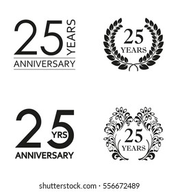 25 years anniversary set. Anniversary icon emblem or label collection. 25 years celebration and congratulation decoration element. Vector illustration.