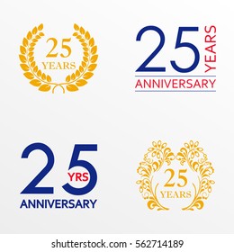 25 years anniversary set. Anniversary icon emblem or label collection. 25 years celebration and congratulation decoration element. Vector illustration.