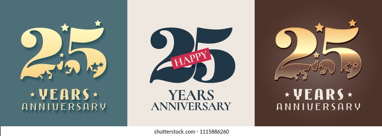 25 years anniversary set of vector icon, symbol, logo. Graphic design elements for 25th anniversary birthday card 