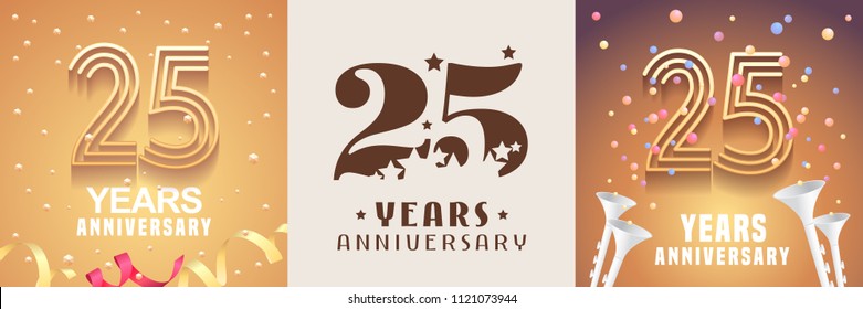 25 years anniversary set of vector icon, symbol. Graphic design element with festive golden background for 25th anniversary 