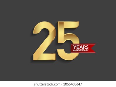 25 years anniversary simple design with golden color and red ribbon isolated on black background for celebration event