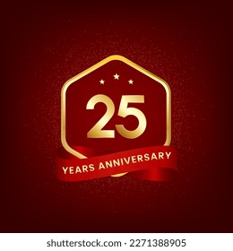 25 years anniversary. Anniversary template design with gold number and red ribbon, design for event, invitation card, greeting card, banner, poster, flyer, book cover and print. Vector Eps10