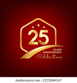 25 años. Diseño de plantilla de aniversario dentro del hexágono de oro y curva con fondo rojo, diseño para evento, tarjeta de invitación, tarjeta de saludo, banner, afiche, volante, portada de libro e impresión.