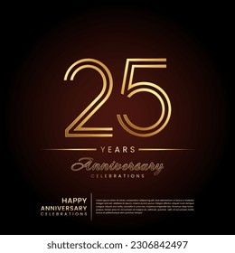 25 years anniversary, anniversary template design with double line number and golden text for birthday celebration event, invitation, banner poster, flyer, and greeting card, vector template