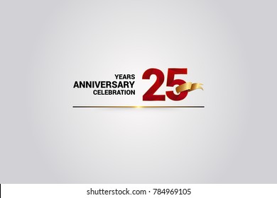 25 Years anniversary using red elegant number isolated on white background, with golden ribbon ca be use as celebration event logo