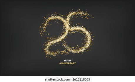 25 years anniversary vector design. Black golden background with gold sparkler light festive decoration, web, gift card or print banner layout template