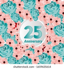 25 Years anniversary. Vector design greeting card with decorative floral for celebration
