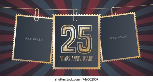 25 years anniversary vector emblem, logo. Template design element, greeting card with collage of empty photo frames on festive background for 25th anniversary