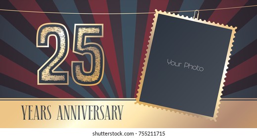 25 years anniversary vector emblem, logo in vintage style. Template design, greeting card with photo frame collage on retro background for 25th anniversary