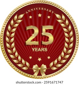 25 years anniversary vector golden design on red  background for celebration, congratulation and greeting card, logo, icon