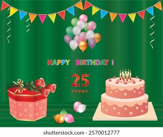 25 years anniversary. Vector happy birthday background design with gift box, rose bouquet and cake with candles. Greeting card decorated with balloons and flags.