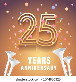 25 years anniversary vector icon,   symbol. Graphic design element with festive background and horns  for 25th anniversary 