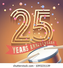25 years anniversary vector icon,  logo. Design element with golden number and drums on background for 25th anniversary 