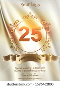 25 years anniversary vector icon, logo. Template design, banner with a white cloth, gold ornament, gold lettering for 25th-anniversary greeting card 