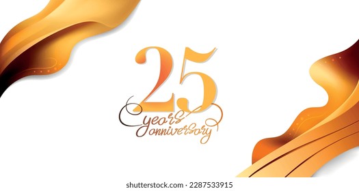 25 years anniversary vector icon, logo. Isolated elegant design with lettering, wavy ribbon and number for 25th anniversary birthday card or symbol