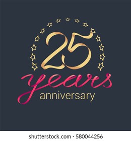 25 years anniversary vector icon,  logo. Graphic design element with golden realistic ribbon curls for decoration for 25th anniversary