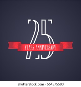 25 years anniversary vector icon,  logo. Graphic design element with red ribbon and number for 25th anniversary celebration