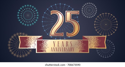 25 years anniversary vector icon,  logo. Graphic design element, illustration with ribbon and golden color number for 25th anniversary celebration