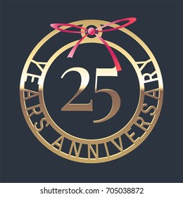 25 years anniversary vector icon,   symbol. Graphic design element or logo with golden medal and red ribbon for 25th anniversary