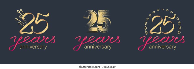 25 years anniversary vector icon,  logo set. Graphic design element with lettering and red ribbon for  celebration of 25th anniversary 