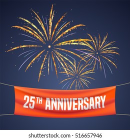 25 years anniversary vector illustration, banner, flyer, logo, icon, symbol, invitation. Graphic design element with fireworks for 25th anniversary, birthday greeting, event celebration