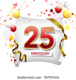 25 years anniversary vector illustration, banner, flyer, logo, icon, symbol. Graphic design element with flag, balloon, ribbon, confetty. Birthday greeting, event celebration