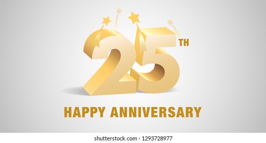 25 years anniversary vector logo, icon. Template banner, symbol with 3d golden numbers for 25th anniversary greeting card 