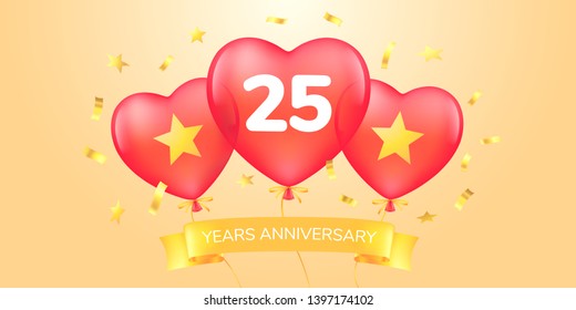 25 years anniversary vector logo, icon. Template banner with hot air balloons for 25th anniversary greeting card 