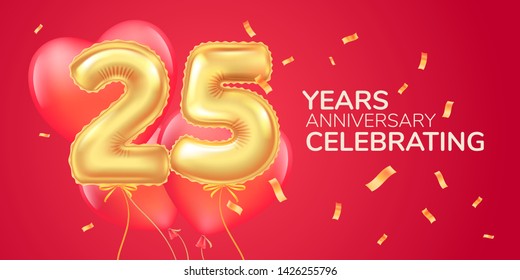 25 years anniversary vector logo, icon. Template banner with heart  air hot balloon for 25th anniversary greeting card 