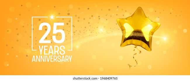 25 Years Anniversary Vector Logo, Icon. Graphic Symbol With Golden Air Balloon For 25th Anniversary Greeting Card