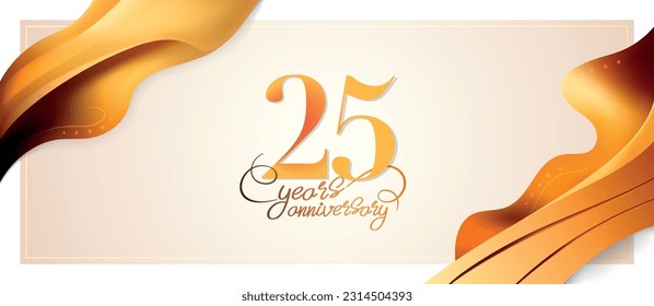 25 years anniversary vector logo, icon. Graphic element with golden color wavy ribbon for 25th anniversary greeting card