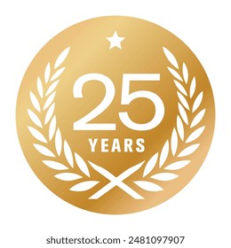 25 years anniversary vector logo, icon. Graphic element with golden color medal for 25th anniversary greeting card