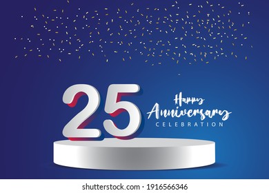 25 Jahre alte Vektor Template Design Illustration. Blaue 3D-Zahlen mit Podium-Bühne zum Feiern
