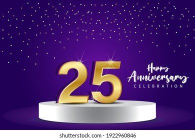 Ilustración de diseño de plantillas vectoriales de veinticinco años. Números 3d azules con escenario de podio para celebración