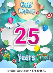 25 Years Birthday Design for greeting cards and poster, with clouds and gift box, balloons. design template for anniversary celebration.