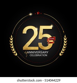 25 years golden anniversary logo with red ribbon, low poly design number, isolated on black background