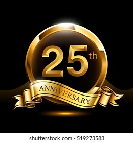 25 years golden anniversary logo celebration with ring and ribbon.