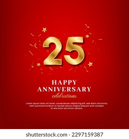 25 years of golden numbers, anniversary celebrating text, ad anniversary congratulation text with golden confetti spread on a red background