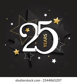 25 ANOS de ouro metálico e vetor preto cartão tipográfico com estrelas