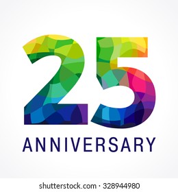 25 years old celebrating colored logo. Anniversary numbers 25 th. Shining facet congrats logotype. Greetings with 3D style. Stained-glass mosaic background, % off template. Abstract graphic template.