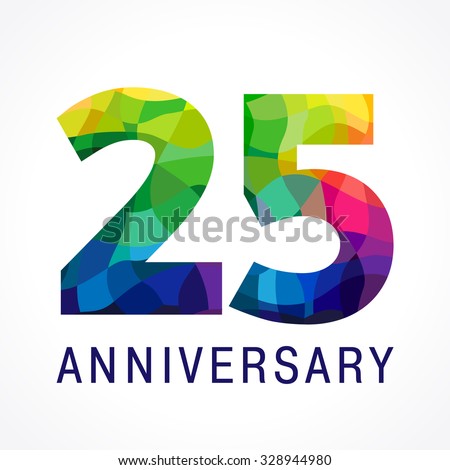 25 years old celebrating colored logo. Anniversary numbers 25 th. Shining facet congrats logotype. Greetings with 3D style. Stained-glass mosaic background, % off template. Abstract graphic template.