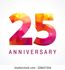 25 years old celebrating fiery logo. Anniversary year of 25 th. Facet congrats, creative numbers. Flaming greetings celebrates with 3D style. Stained-glass template. Mosaic red colored background.