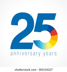 25 years old logo with pie chart. Anniversary year of 25 th vector round banner numbers. Birthday greetings circle celebrates. Celebrating digits. Colored figures of ages.
