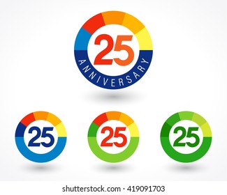 25 years old logotype concept. Coloured 25 th anniversary set. Abstract isolated graphic design template. Celebrating greetings. Congratulating numbers. Financial 25%, 5%, 2% percent off modern sign.