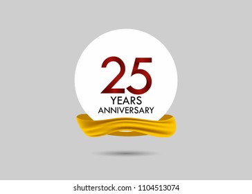 25 years red anniversary vector design inside white circle with golden ribbon for celebration event 