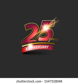 25 Years Red Gold Anniversary Logo with Anniversary Ribbon. Vector eps.10