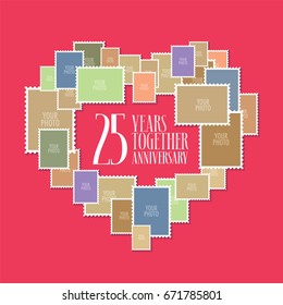25 years of wedding or marriage vector icon, illustration. Template design element with photo frames and heart shape for celebration of 25th wedding anniversary
