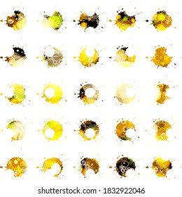 25 yellow blots on white backdrop. Abstract vector background for web page, banners backdrop, fabric, home decor, wrapping
